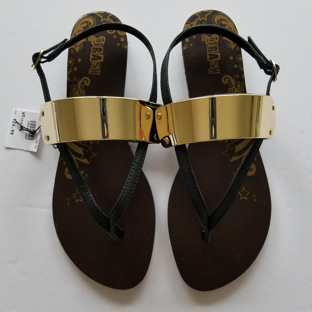 Brash Thrill Frisson Black & Gold Sandals - 9
